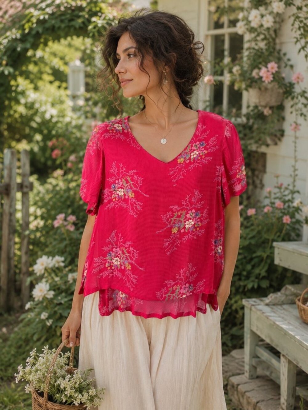 VTG APRIL CORNELL Floral Cottagecore Layered Sheer Blouse Pink Romantic Prairie